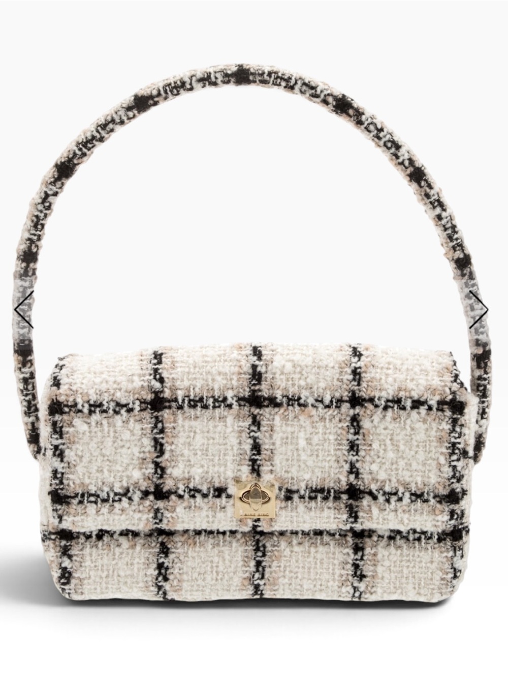 Anine Bing Ivory Black Plaid Tweed Shoulder Bag Gold Turn Lock